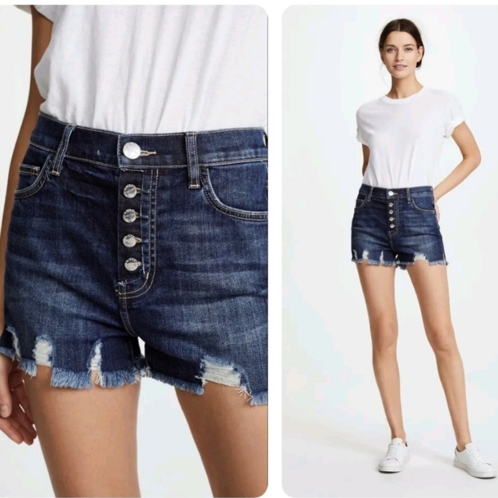 Current/Elliott Belloc Cutaway Fly High Waisted Distressed Stretch Denim Shorts